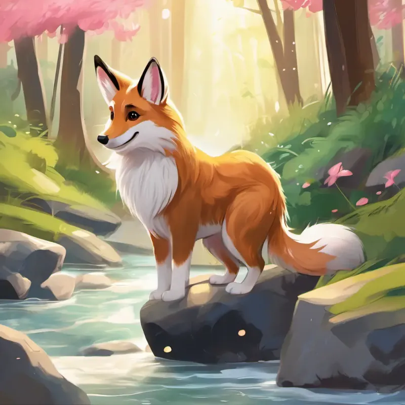 Fluffy brown fur, shining brown eyes, with a wagging tail, Soft white fur, long ears, and cute pink nose, and Furry grey coat, bushy tail, and mischievous eyes discovering a sparkling stream and playing in the water, showing their fun interactions and the beautiful forest scenery.