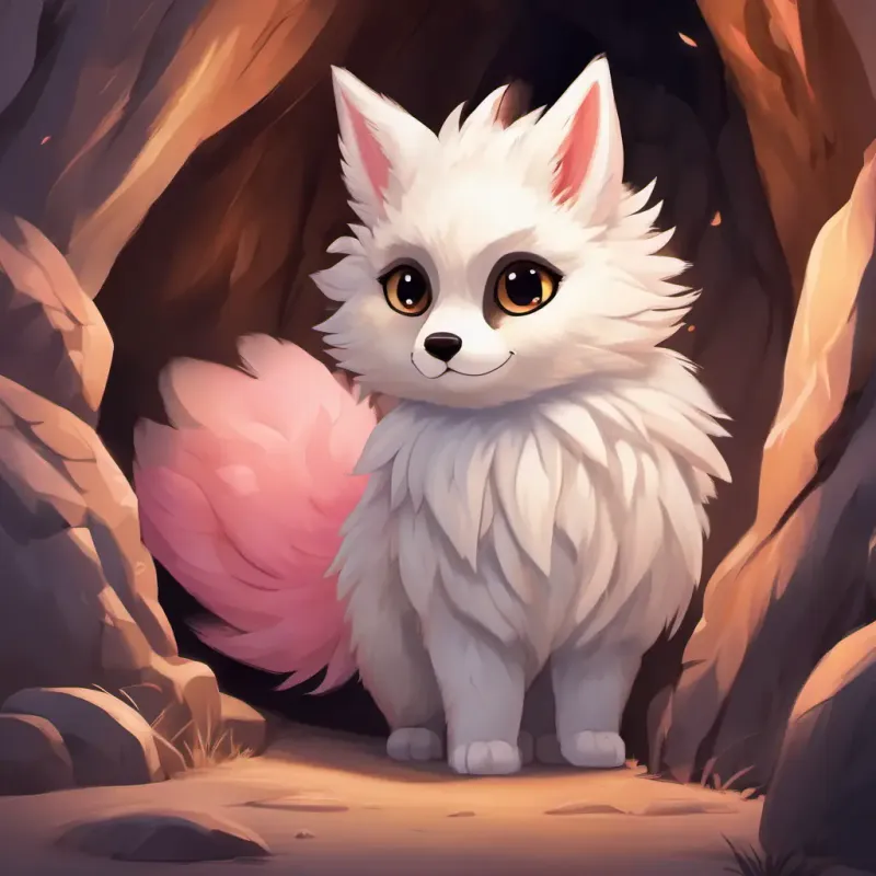 Fluffy brown fur, shining brown eyes, with a wagging tail, Soft white fur, long ears, and cute pink nose, Furry grey coat, bushy tail, and mischievous eyes, and Big round eyes, soft feathers, and wise demeanor discovering the mysterious cave, emphasizing bravery and wonder.