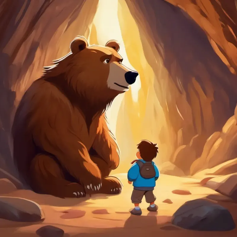 Encountering Shaggy brown fur, kind face, and gentle eyes the bear in the cave, showcasing their initial fear and then the surprise and relief of making a new friend.