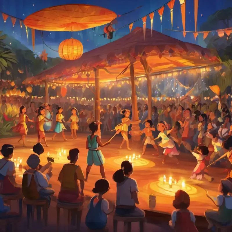 Entertainment and performances at the Luzia Fest celebration, featuring various characters and their activities.