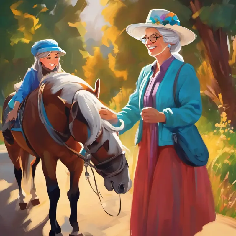 Warm-hearted lady with a big smile and a love for horses's special surprise and the sharing of traditions by Older lady in vibrant clothes, silver hair, and twinkling blue eyes and A jolly man with a big smile, round glasses, and a hat.