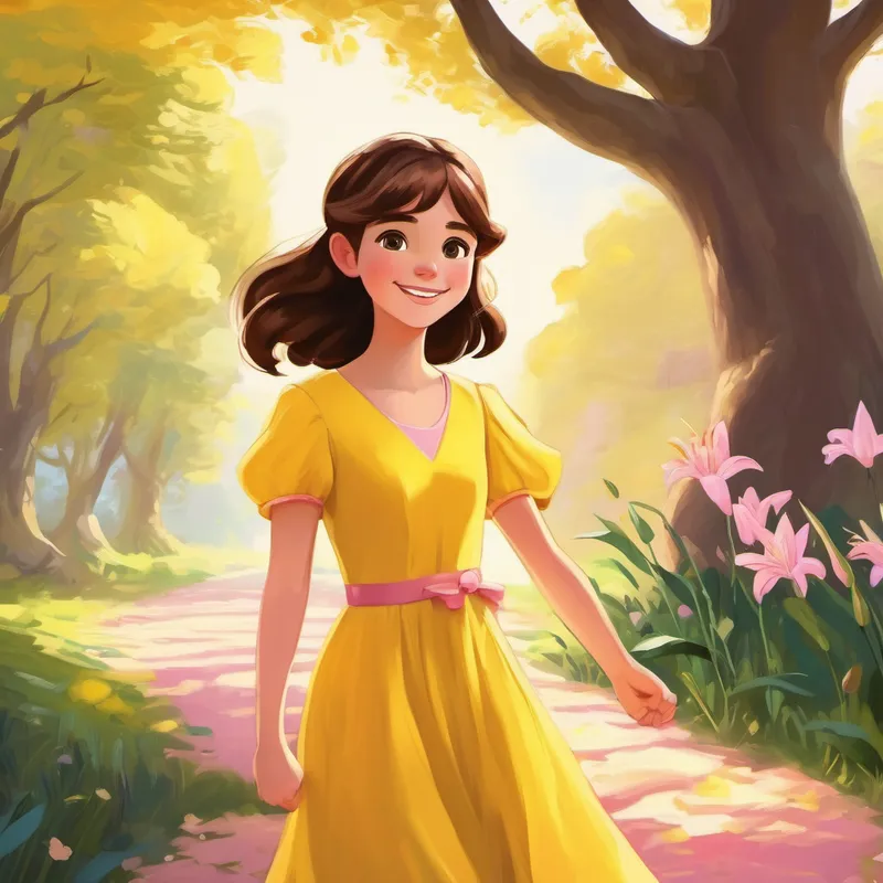 Emma, with long brown hair and a yellow dress and Lily, with short blonde hair and a pink dress holding hands, smiling happily