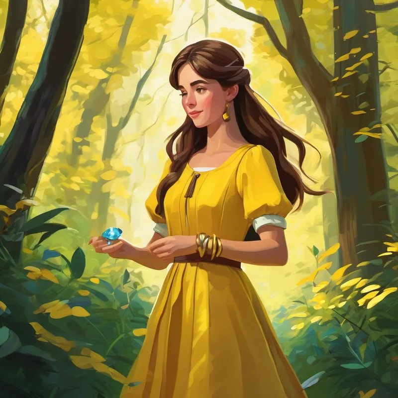 Emma, with long brown hair and a yellow dress finding a shiny bracelet in a forest
