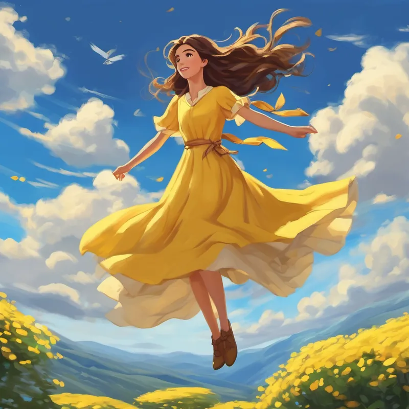 Emma, with long brown hair and a yellow dress flying in the sky with the bracelet