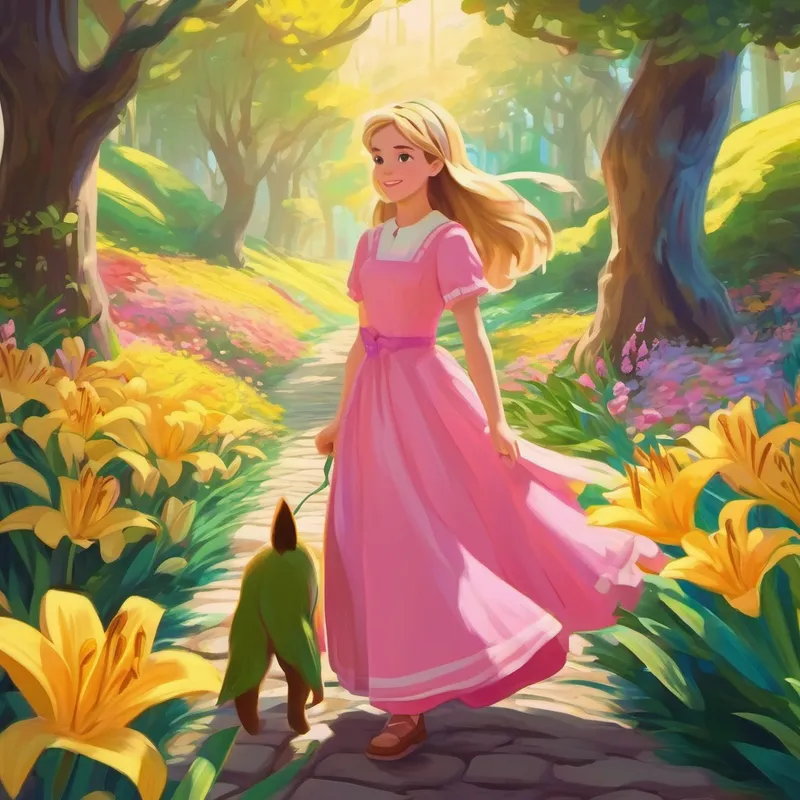 Emma, with long brown hair and a yellow dress and Lily, with short blonde hair and a pink dress exploring a colorful wonderland