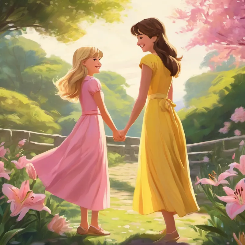 Emma, with long brown hair and a yellow dress and Lily, with short blonde hair and a pink dress supporting each other with smiles