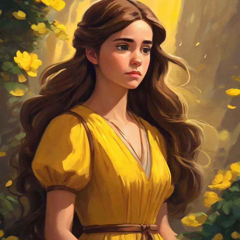 Emma, with long brown hair and a yellow dress looking sad as the bracelet lost its magic