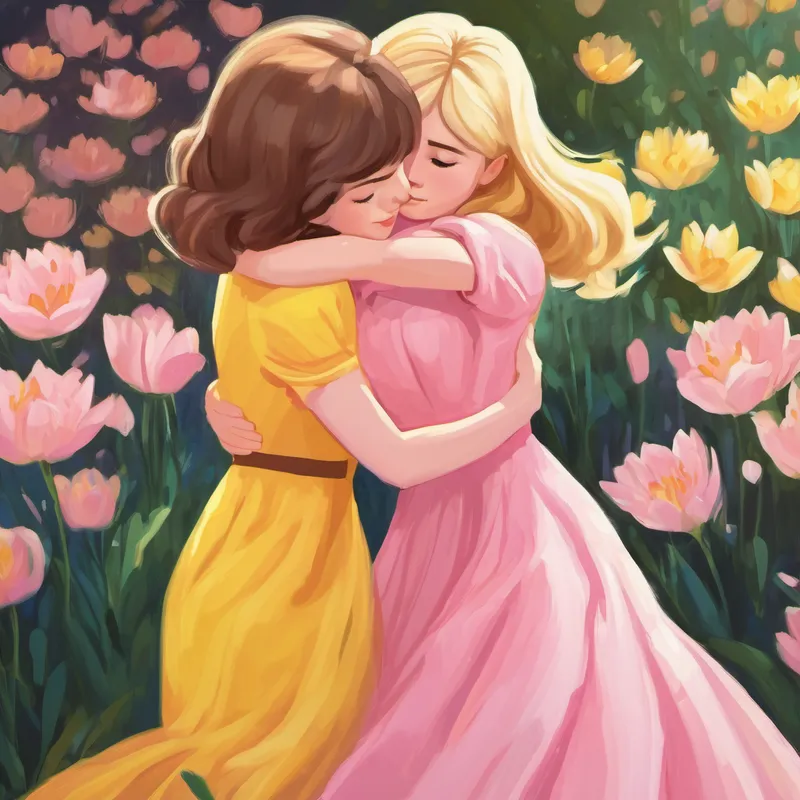 Lily, with short blonde hair and a pink dress comforting Emma, with long brown hair and a yellow dress with a warm hug