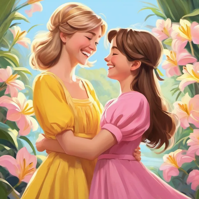 Emma, with long brown hair and a yellow dress and Lily, with short blonde hair and a pink dress laughing and hugging happily