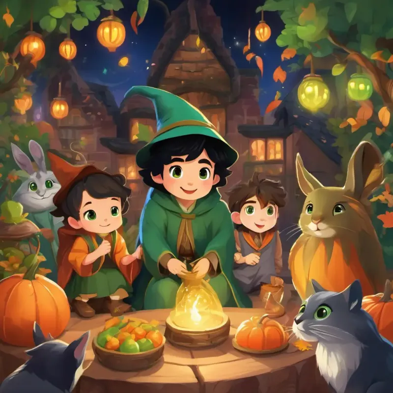 Introduction to the magical animal market where black hair, green eyes, wizard's robe Potter and friends explore different creatures. Fun and playful setting.