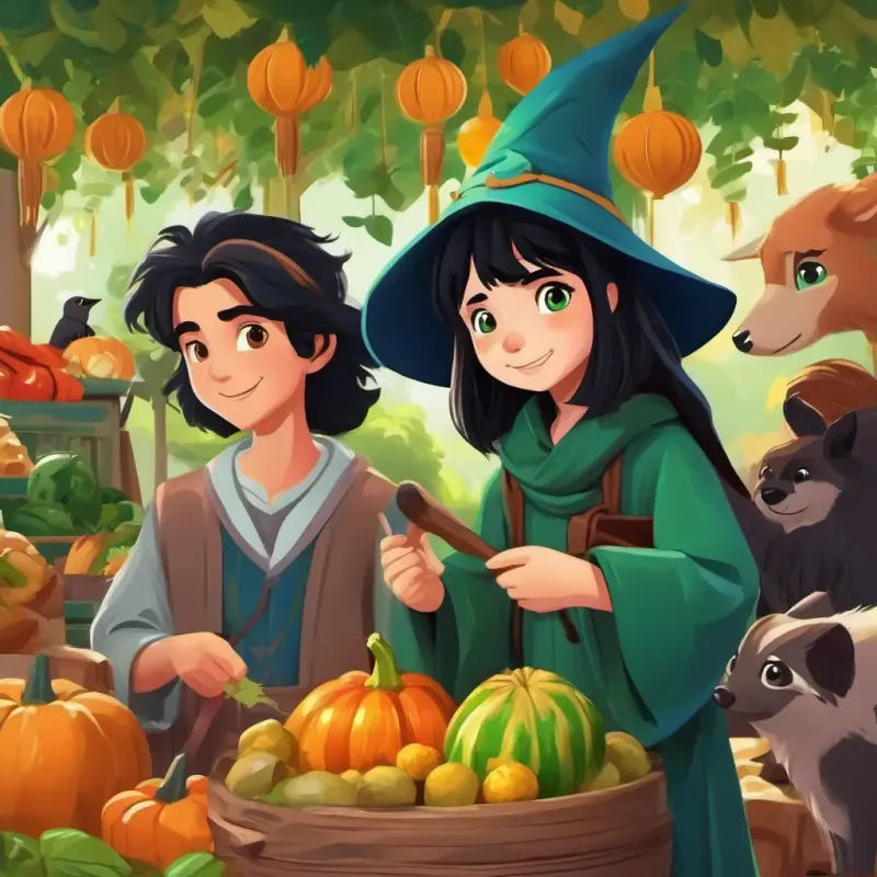 black hair, green eyes, wizard's robe Potter and friends discover the variety of animals at the market. Playful and enchanting atmosphere.