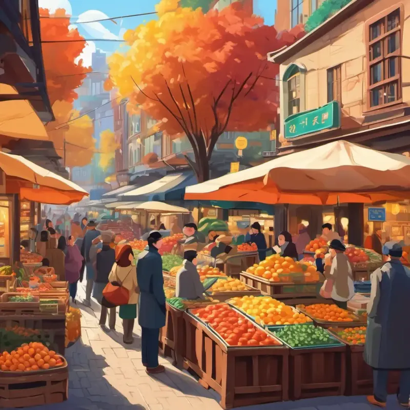 Introduction to the variables of the market - crowded with different buyers and sellers. Playful and bustling setting.