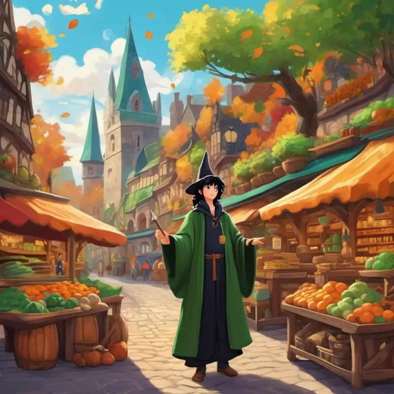 black hair, green eyes, wizard's robe Potter and friends learn about the micro and macro environments of the market. Vibrant and whimsical setting.