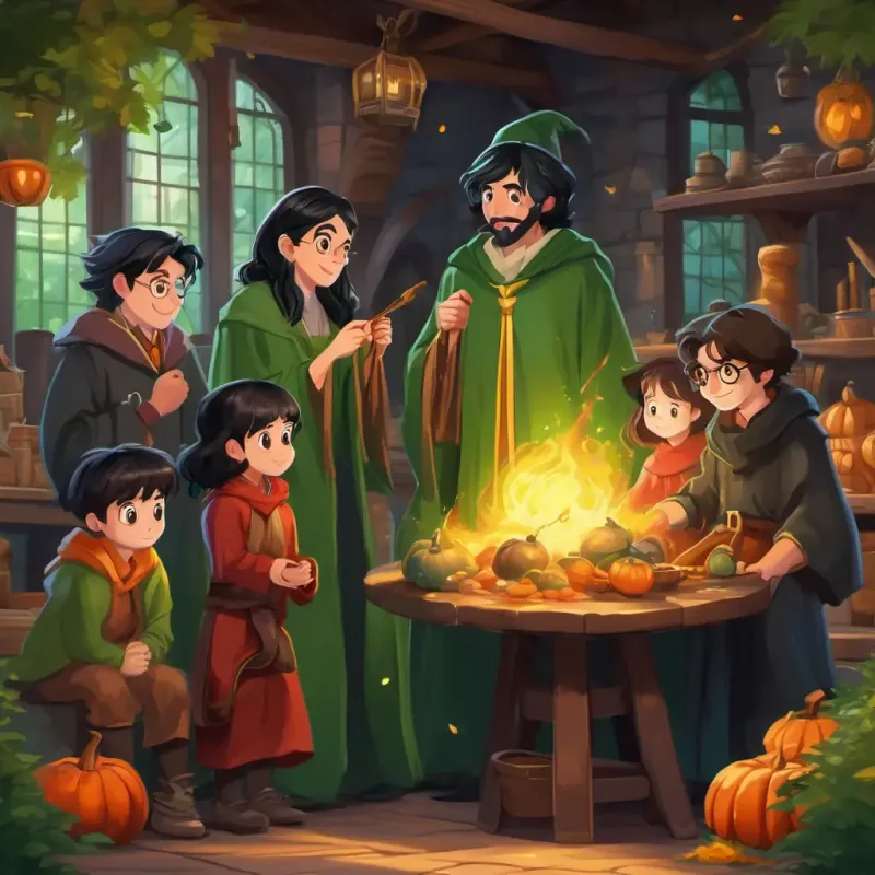 black hair, green eyes, wizard's robe Potter and friends observe the behavior of the buyers, learning about the behavior of the consumers. Exciting and curious setting.