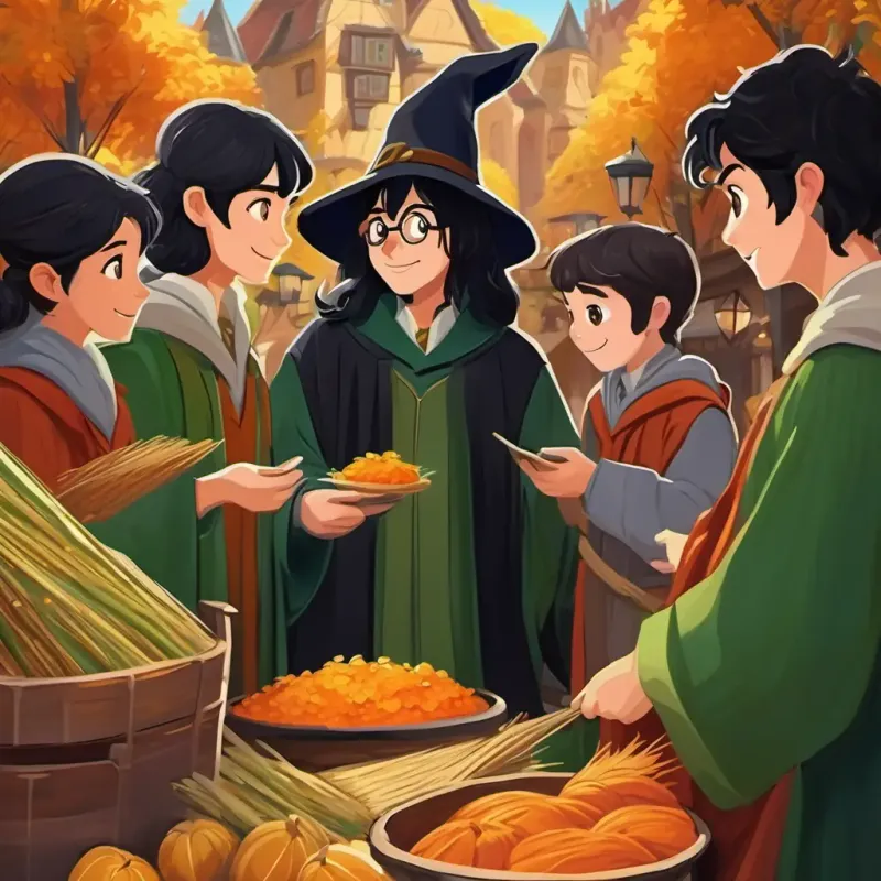 black hair, green eyes, wizard's robe Potter and friends talk to the market staff, learning about the system of marketing information. Educational and fascinating atmosphere.