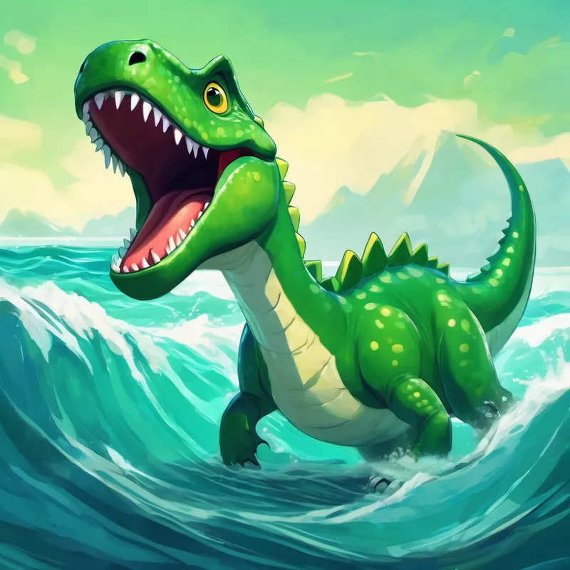 Green dinosaur with sharp teeth and a friendly face swimming in the ocean