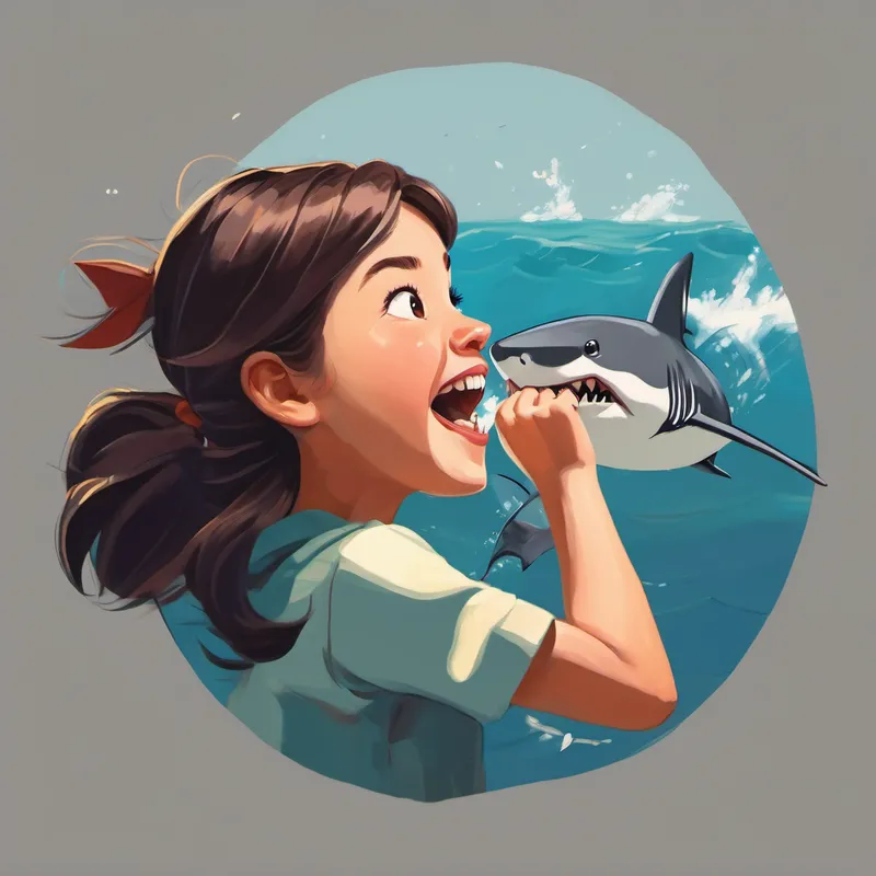 Allie catching the shark with her teeth