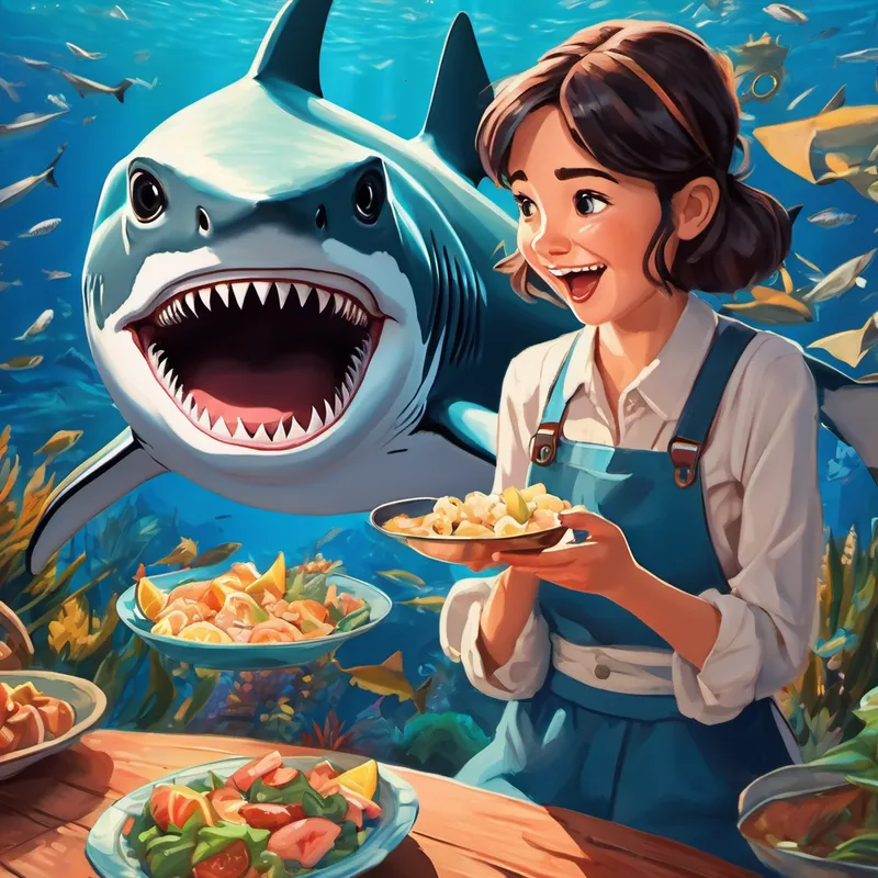 Allie happily eating small pieces of the shark