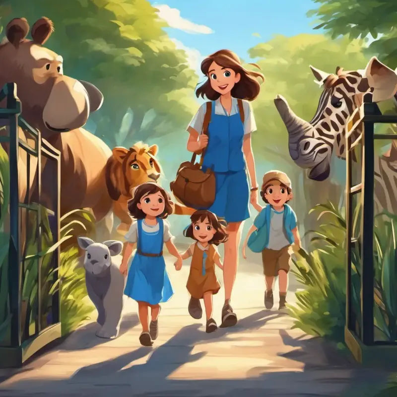 Brown hair, blue eyes, excited and curious about zoo animals, a girl with brown hair and blue eyes, excitedly walking into the zoo entrance with her family