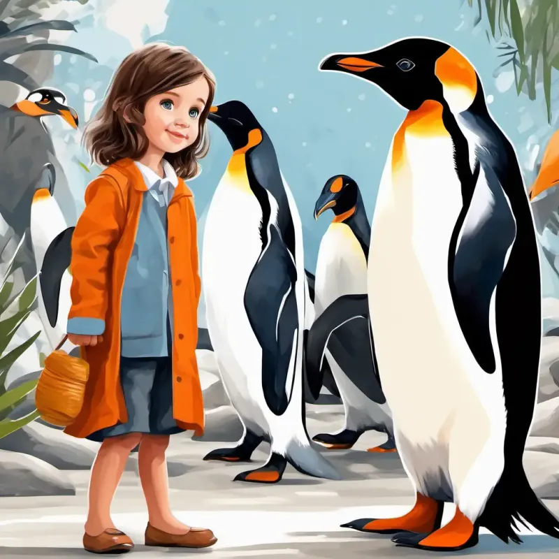 Brown hair, blue eyes, excited and curious about zoo animals standing next to the penguin exhibit, Black and white feathers, orange feet, adorable penguin the penguin with black and white feathers and orange feet