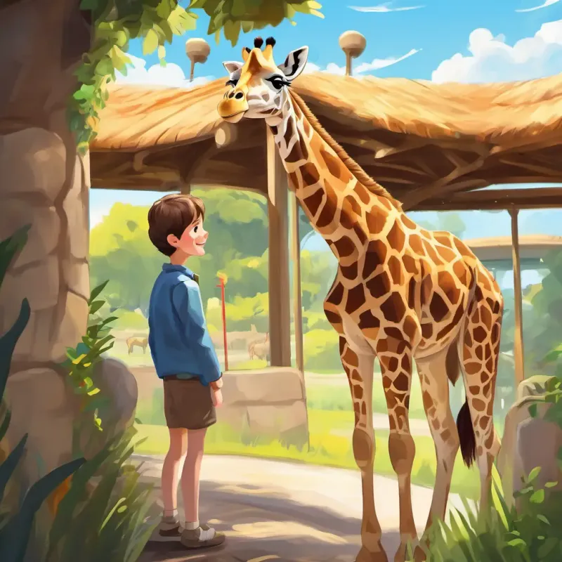 Brown hair, blue eyes, excited and curious about zoo animals standing near the giraffe enclosure, Spotted coat, friendly brown eyes, tall giraffe the giraffe with a spotted coat and kind brown eyes