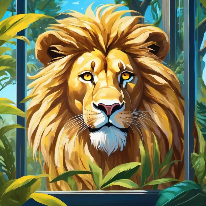 Brown hair, blue eyes, excited and curious about zoo animals peering through the glass at the lion exhibit, Golden mane, piercing yellow eyes, fierce lion the lion with a golden mane and intense yellow eyes