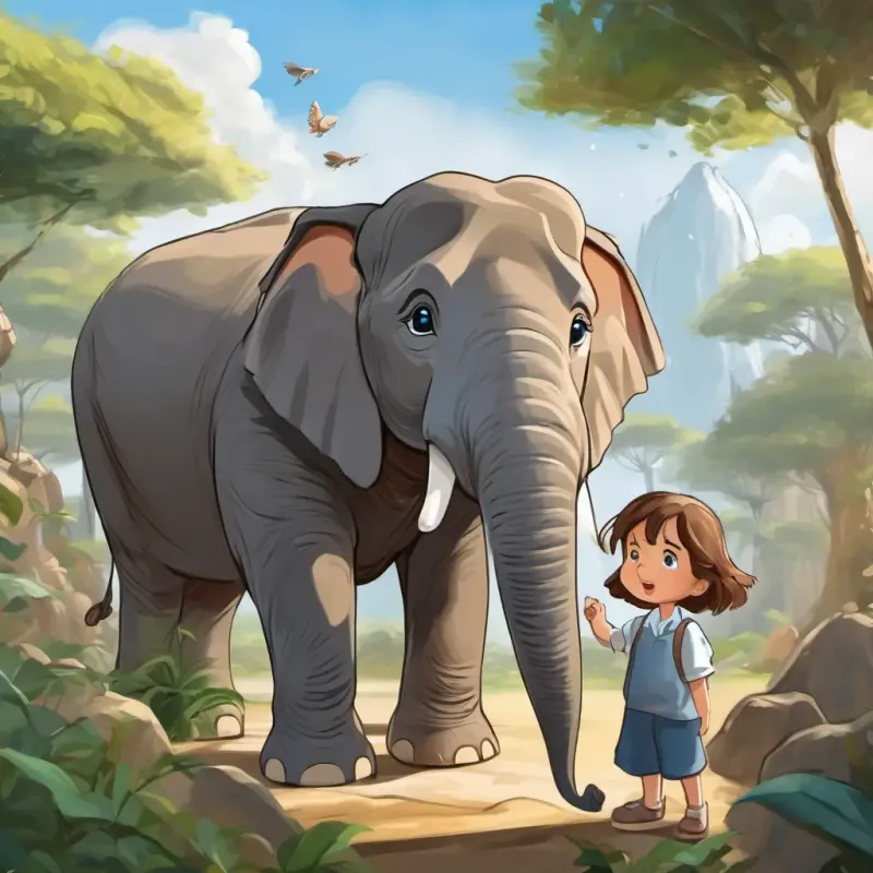 Brown hair, blue eyes, excited and curious about zoo animals amazed by the elephants' size, Wrinkled gray skin, kind brown eyes, gentle elephant the elephant with wrinkled gray skin and friendly brown eyes