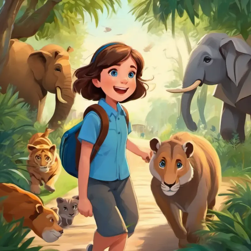 Brown hair, blue eyes, excited and curious about zoo animals and her family walking towards the exit of the zoo, happiness and contentment on their faces