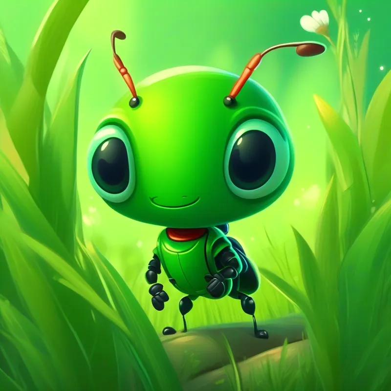 Green meadow with a tiny ant named Small ant with wise-looking eyes, wearing a tiny backpack.