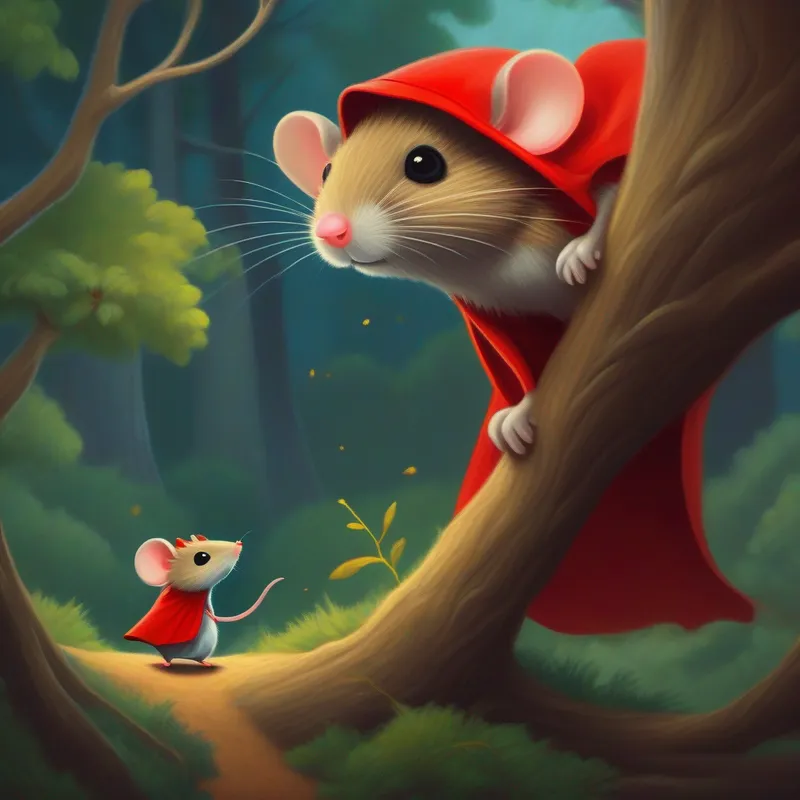 Tall tree and a brave mouse named Small mouse with brave eyes and a red cape.