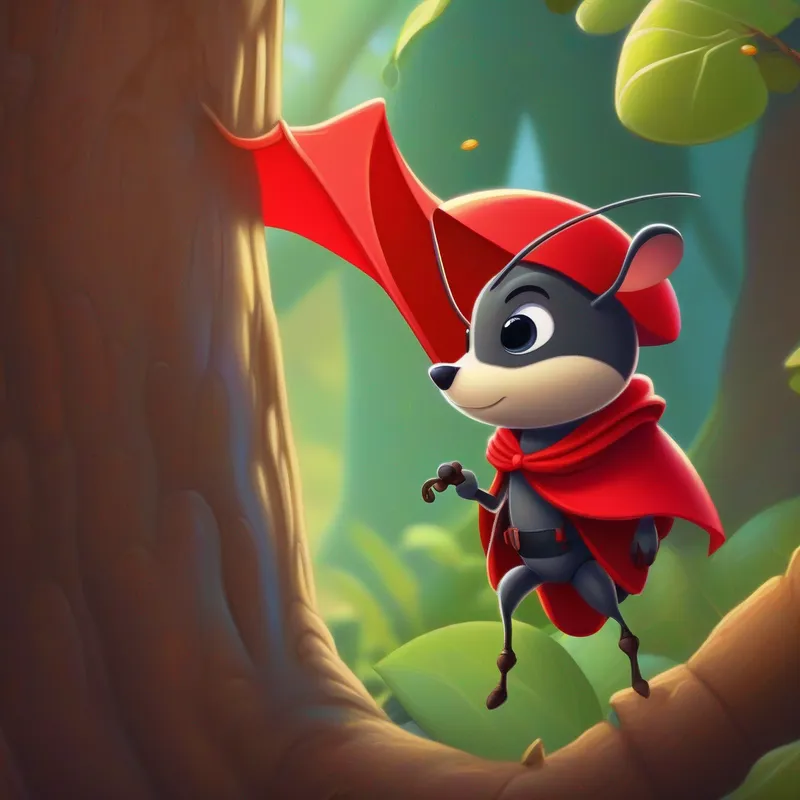 Small ant with wise-looking eyes, wearing a tiny backpack. and Small mouse with brave eyes and a red cape. together, looking up at the tree
