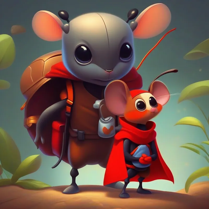 Small ant with wise-looking eyes, wearing a tiny backpack. and Small mouse with brave eyes and a red cape. discussing the plan