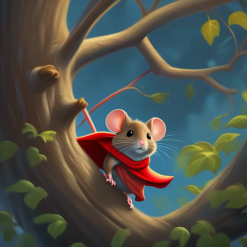 Small mouse with brave eyes and a red cape. climbing the tree, determined and brave