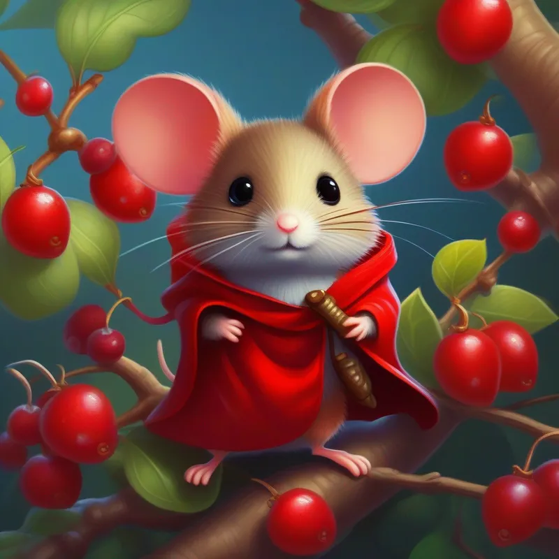 Small mouse with brave eyes and a red cape. and Small ant with wise-looking eyes, wearing a tiny backpack. celebrating on top of the tree, surrounded by berries