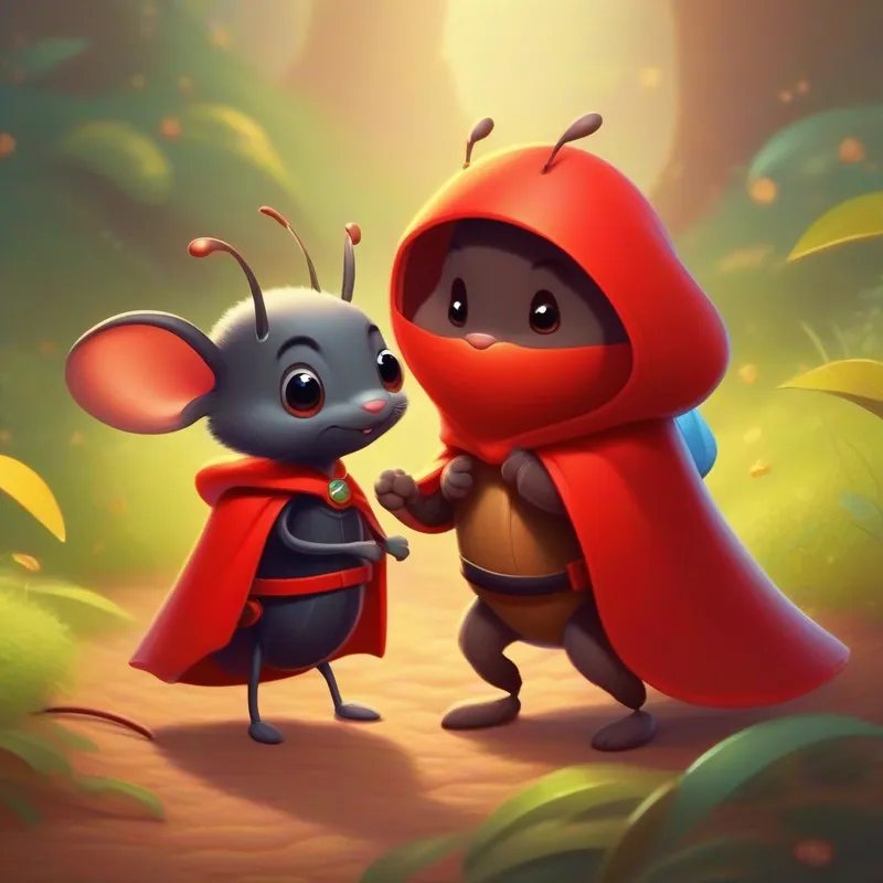 Small ant with wise-looking eyes, wearing a tiny backpack. and Small mouse with brave eyes and a red cape. patting each other's backs, smiling together