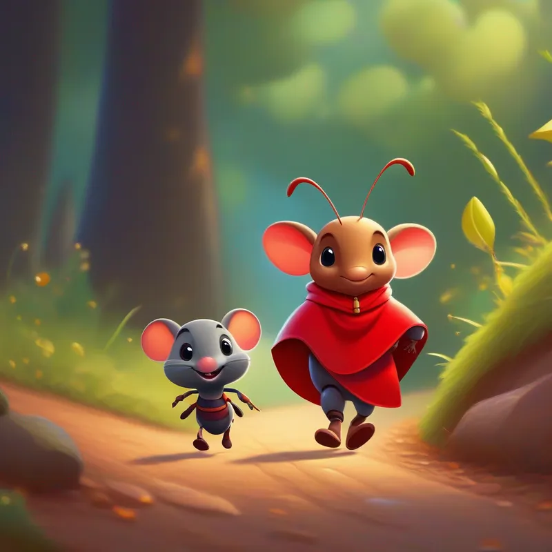 Small ant with wise-looking eyes, wearing a tiny backpack. and Small mouse with brave eyes and a red cape. walking side by side, happy and confident