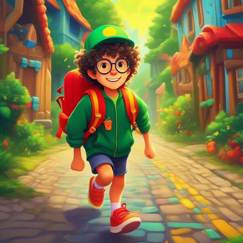 Curly-haired and energetic with a green hat and yellow sneakers. and Messy-haired and mischievous with glasses and a red backpack. ready for an adventure in their vibrant village