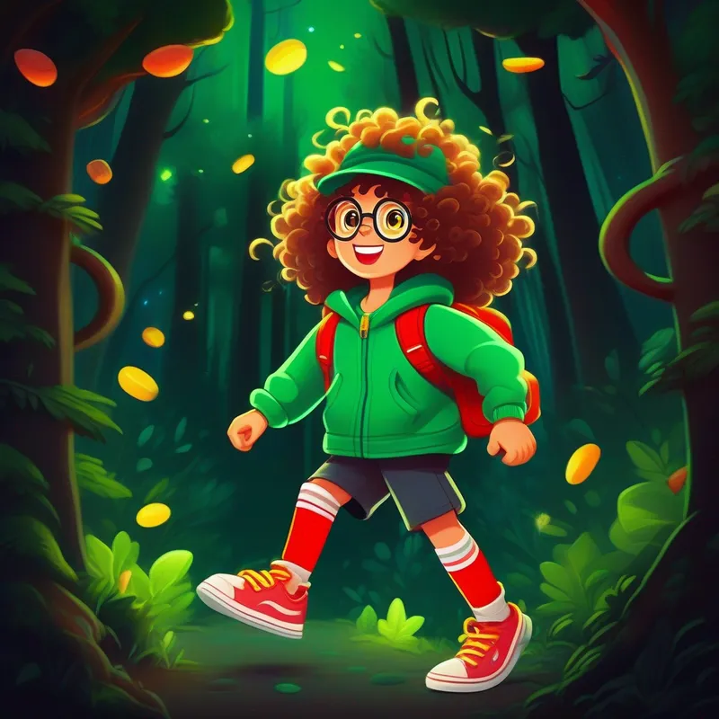 Curly-haired and energetic with a green hat and yellow sneakers. and Messy-haired and mischievous with glasses and a red backpack. face the glowing-eyed mumy in the dark forest