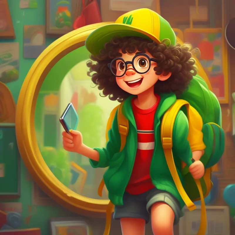Curly-haired and energetic with a green hat and yellow sneakers. and Messy-haired and mischievous with glasses and a red backpack. tricking the mumy with a mirror