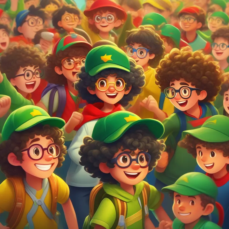 Curly-haired and energetic with a green hat and yellow sneakers. and Messy-haired and mischievous with glasses and a red backpack. celebrated as heroes amidst cheering villagers