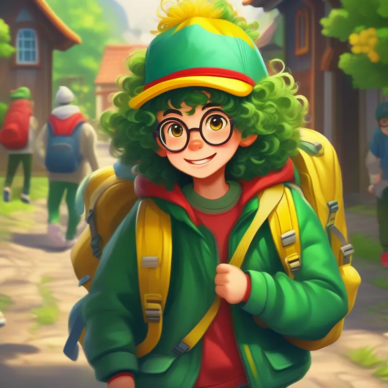 Curly-haired and energetic with a green hat and yellow sneakers. and Messy-haired and mischievous with glasses and a red backpack. as the village's fearless problem solvers