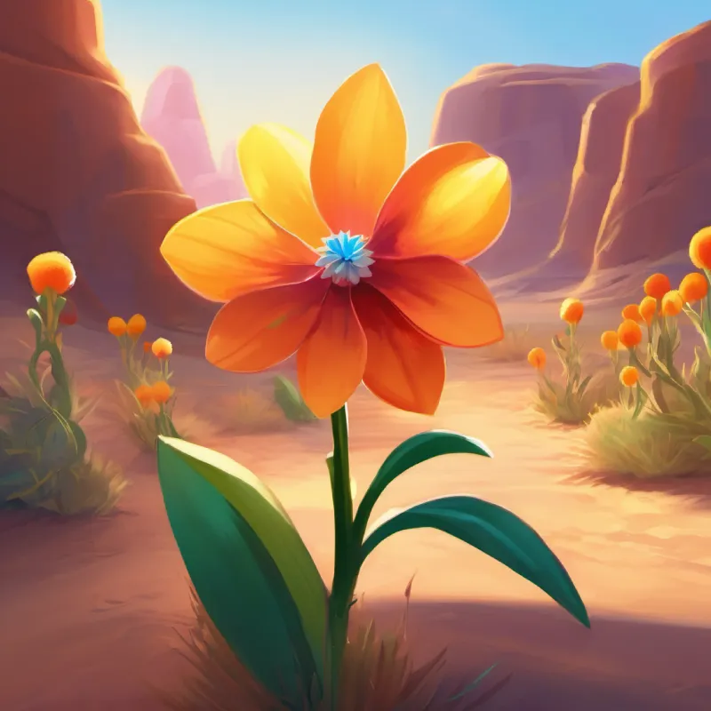 Introduction to the challenges faced by A small, colorful flower with glowing petals, bringing hope to the desert
