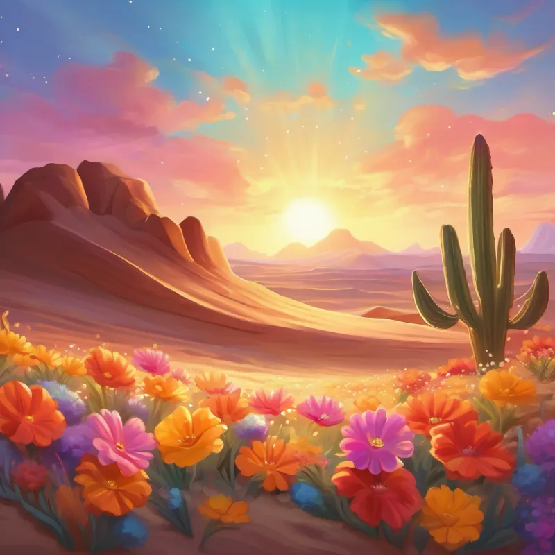 Impact of A small, colorful flower with glowing petals, bringing hope to the desert's beauty on the desert creatures