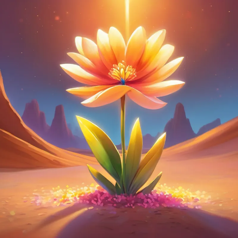 Celebrating A small, colorful flower with glowing petals, bringing hope to the desert's resilience and heroism