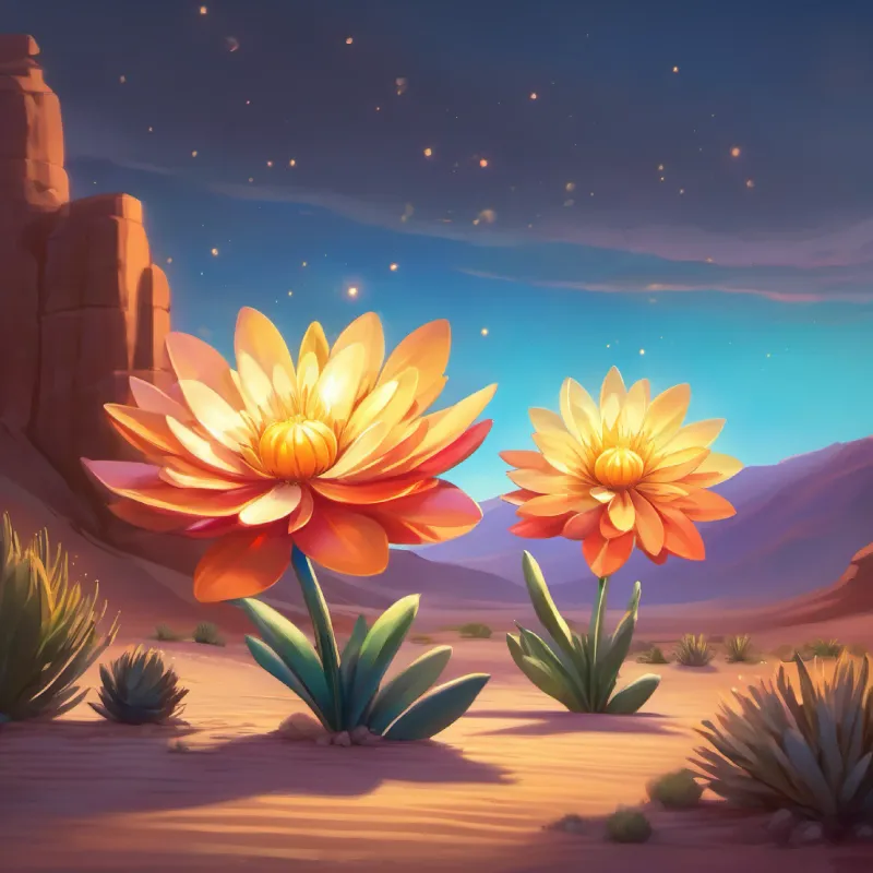 The conclusion of A small, colorful flower with glowing petals, bringing hope to the desert's story and her lasting impact