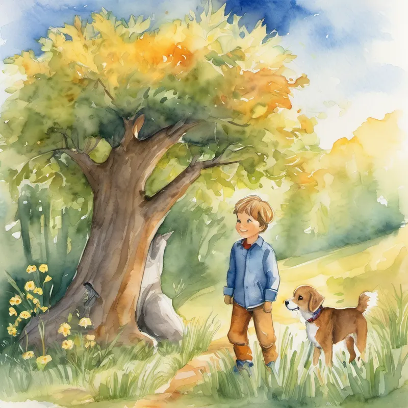 Once upon a time, in a small village nestled at the edge of a mysterious forest, lived a curious young boy named Leo. Leo was a kind-hearted and adventurous child who had the most extraordinary stories to tell. He had an incredible bond with his beloved dog, Max, and together they shared many exciting adventures. One sunny morning, as Leo and Max were playing hide-and-seek in their backyard, a whisper in the wind caught Leo's attention. "Did you hear that, Max?" Leo asked, his eyes filled with wonder. Max wagged his tail excitedly, knowing that something magical was about to happen.
