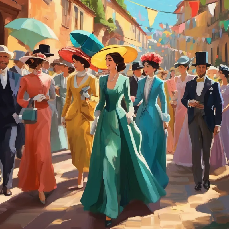 Vestidos com roupas coloridas e chapéus elegantes. and nobles arriving for the celebration