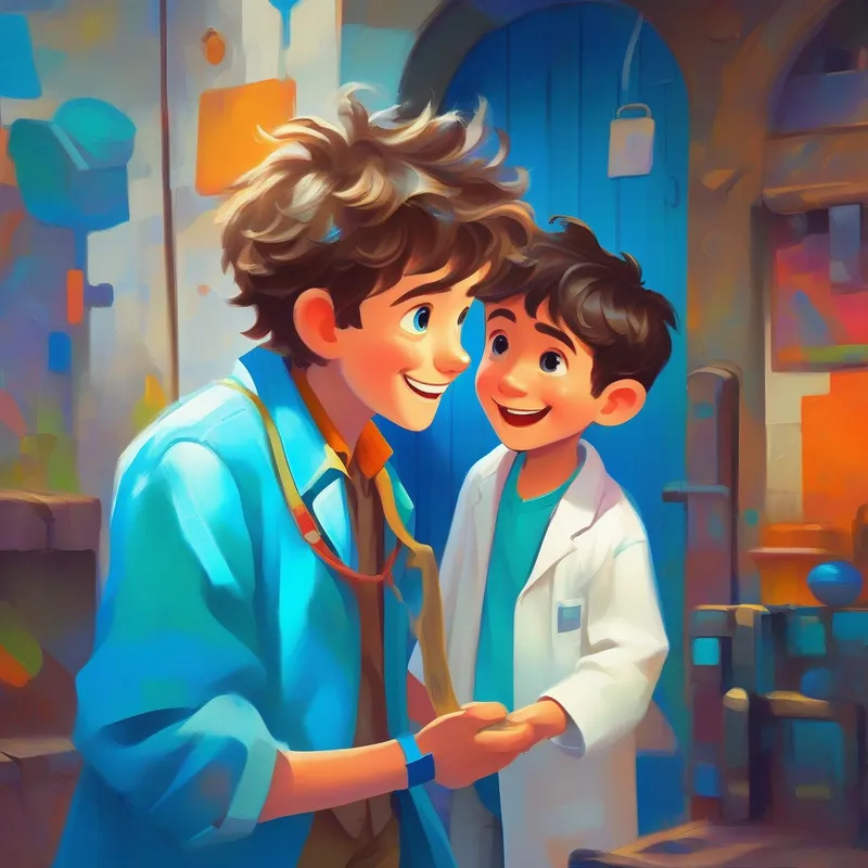 Curious boy with messy hair, wearing a bright blue shirt meeting Inventor wearing a white lab coat, friendly smile, bright colors, curious expression