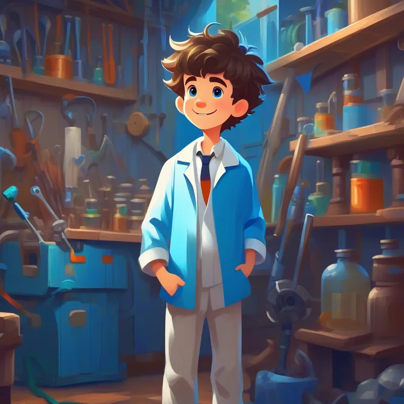 Curious boy with messy hair, wearing a bright blue shirt and Inventor wearing a white lab coat, friendly smile standing in a workshop, tools all around