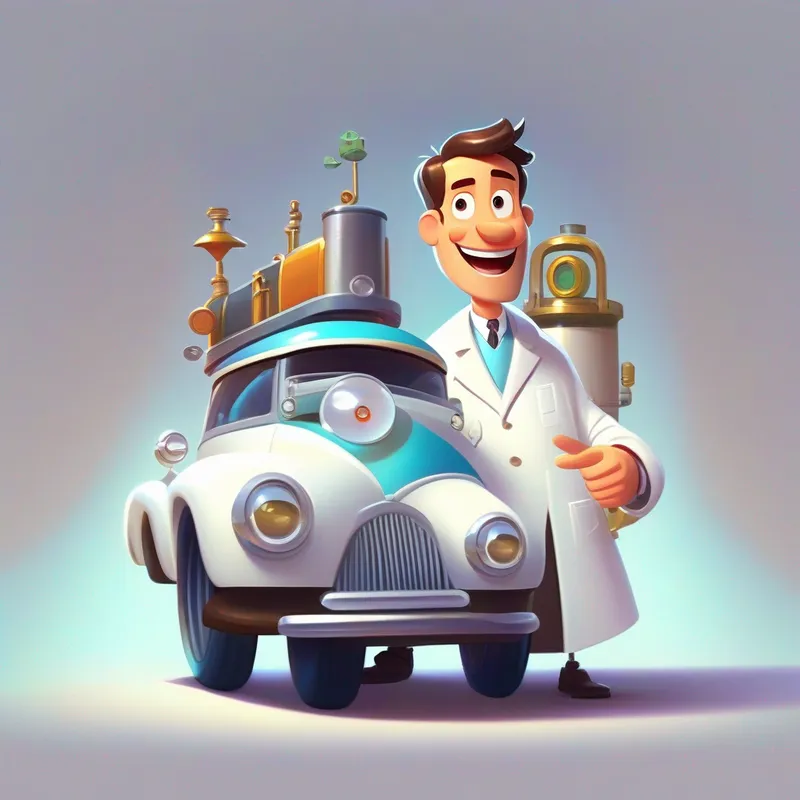 Inventor wearing a white lab coat, friendly smile holding a toy car, pointing to its engine